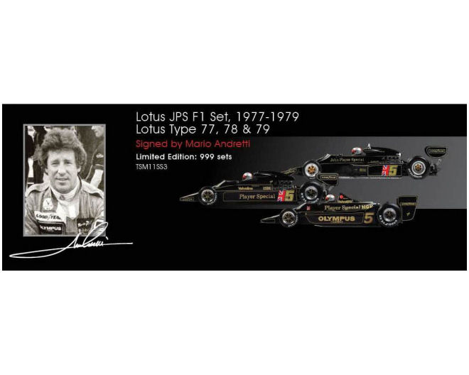 1:43 1977-1979 Lotus JPS F1 Set-Lotus Type 77,78 & 79 signed by Mario Andretti