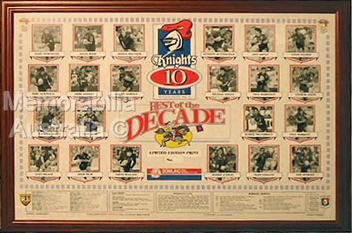 NEWCASTLE KNIGHTS, 2001 Premiers group including signed jersey with 18  signatures, framed & glazed, overall 88x108cm; 'Premiers 2001' display  (105x78cm); 2001 Premiers aluminium stubbie holder; plus 2003 Select  trading cards, framed (57x33cm). (4 items